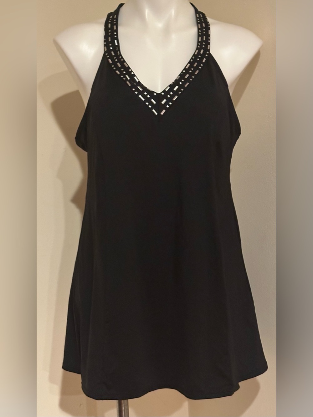 DANA BUCHMAN Black Laser-Cut Halter Square Back 1 Piece Skirts Swimwear Sz 16